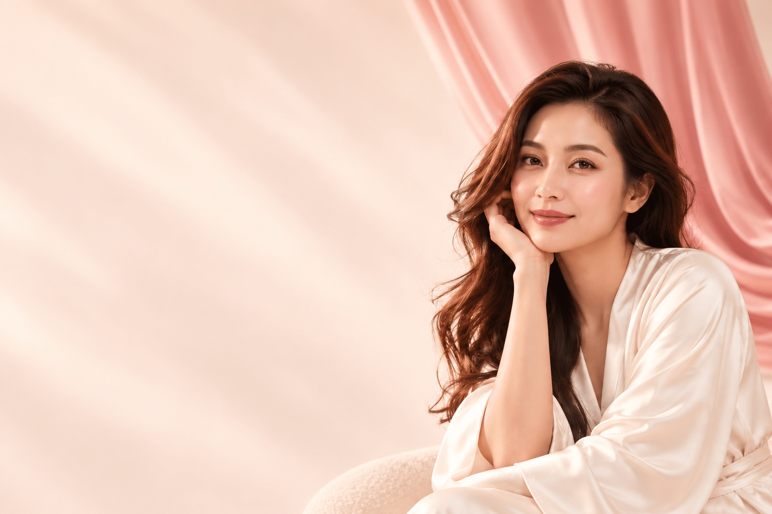 ภาพนางแบบประกอบโปรแกรม Like A Virgin ของ BAC Clinic ในบรรยากาศครีมและชมพูกุหลาบ