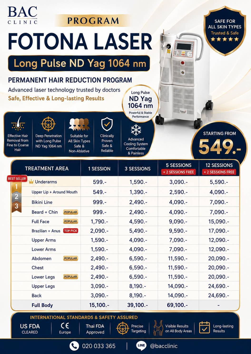 BAC Clinic Bangkok Fotona Long Pulse Nd YAG laser hair removal price list