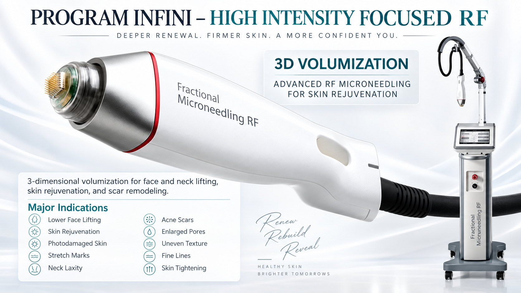 Program Infini Fractional Microneedling RF treatment for acne scars, enlarged pores, uneven skin texture, fine lines, skin rejuvenation, tightening, and face and neck lifting in Bangkok