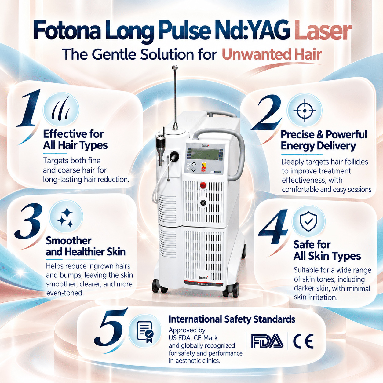 Fotona Long Pulse Nd:YAG 1064 nm laser hair removal at BAC Clinic Bangkok, featuring advanced technology, cooling comfort and international safety standards.
